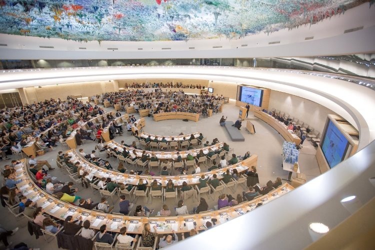 Wide view of the UN Human Rights Council chamber with delegates seated in curved rows under a painted ceiling.